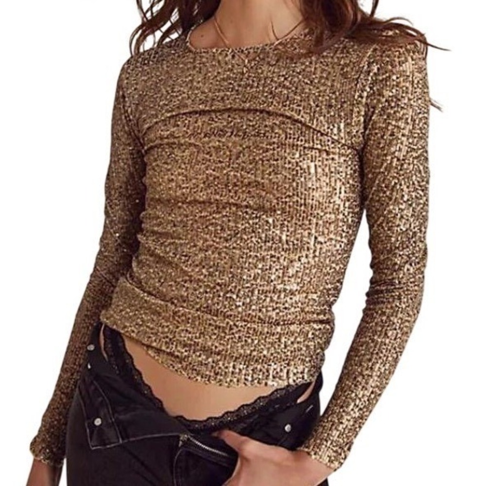 NWT Free People Intimately Gold Rush Long Sleeve Sequin Top Gold Size Large Glam